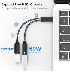 Female Adapter Splitter Cable Male to 2USB-C Female Cord Converter Dual Double USB C Port Hub Split Adapter